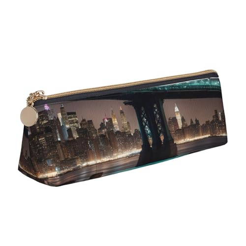 MIEKGPS New York Manhattan Bridge Night Print Personalisiertes Leder-Federmäppchen Tasche Make-up Kosmetik Halter Tasche Schreibwaren Tasche von MIEKGPS