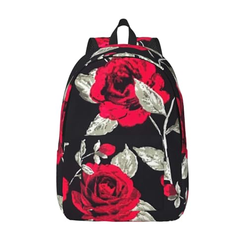 MIEKGPS Reiserucksack mit rotem Rosendruck, klassischer und eleganter Rucksack, Reisetasche für Damen und Herren, Schwarz , S von MIEKGPS