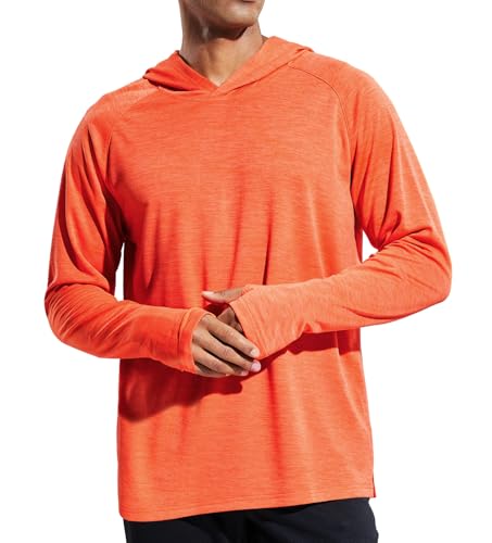 MIER Herren UPF 50+ Sonnenschutz Hoodie Langarm LSF Angeln Wandern Laufen Daumenloch Shirts Kapuze Schnell Trocken Leicht, Orange - Mit Kapuze, Mittel von MIER