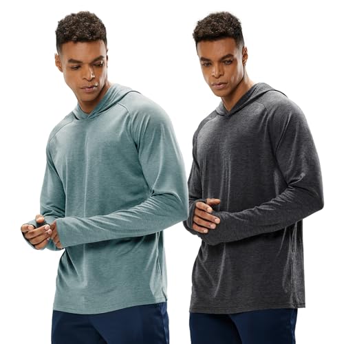 MIER Herren UPF 50+ Sonnenschutz Hoodie Langarm LSF Angeln Wandern Laufen Daumenloch Shirts Kapuze Schnell Trocken Leicht, Z: Dunkelgrau/Haze Blue - 2er-Pack, XX-Large von MIER