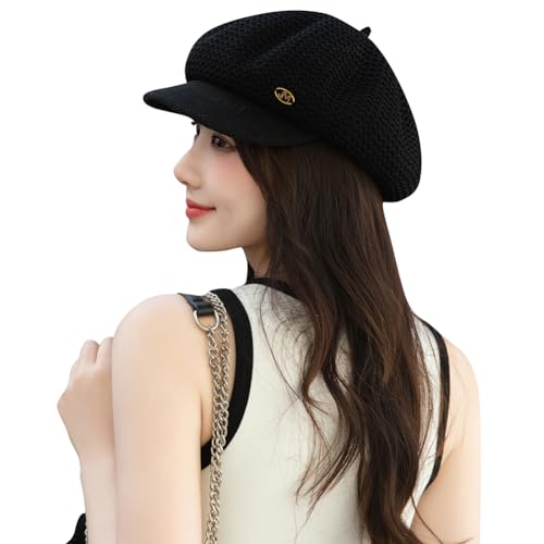 MIFULGOO Sommer Mesh Newsboy Caps Soft Paperboy Cabbie Hüte Baskenmütze mit Krempe Visier Damen, A-Schwarz, Einheitsgröße von MIFULGOO