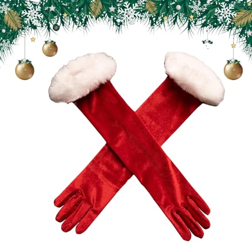MIGIFTDY Weihnachten rote Samthandschuhe Damen Handschuhe Ellenbogen Lang Abendhandschuhe Handschuhe Damen Elegant für Frauen Mädchen Halloween Karneval Fasching Fest Party Kostüm (A, ONE SIZE) von MIGIFTDY