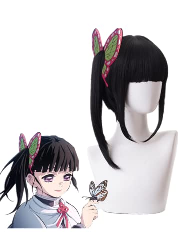 Anime Demon Jäger Tsuyuri Kanao Cosplay Perücke, Schwarze Kurze Haare Halloween Kostüm Party Rollenspiel Perücke Mit Schmetterling Headwear von MIGUOO