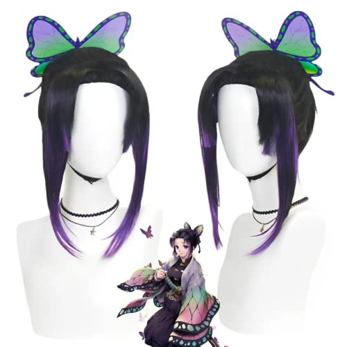 Anime Demon Slayer Kochou Shinobu Cosplay Perücke, Schwarz Lila Kurzes Haar Halloween Kostüm Party Rollenspiel Perücke Mit Schmetterling Headwear von MIGUOO