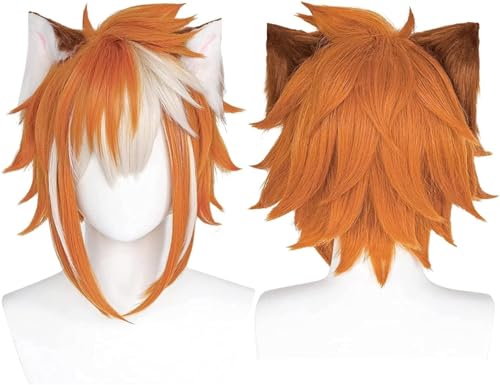 Anime Genshin Impact Cosplay Perücke, Gorou Perücke, Mit Ohren Orange Kurzhaar Perücken, Rollenspiel Halloween Party Requisiten Zubehör von MIGUOO