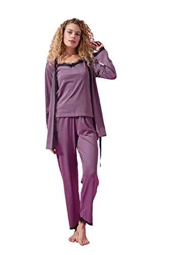 MIHRA DREI-teiliges Pyjama-Set für Junge Mädchen und Elegante Kleider Damen Pyjama-Set mit Spitzendetail und Fruchtdruck für den Sommer (as3, Alpha, l, Regular, Tall, Lila) von MIHRA