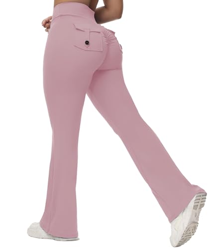 MIHRUSEM Schlag-Leggings für Damen mit Taschen, Scrunch-Po-Hose mit hoher Taille, Fitnessstudio, Workout, Yoga, Laufhose, Pink, X-Klein von MIHRUSEM