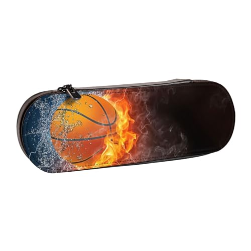 MIJKO Basketballball auf Feuer und Wasser, Federmäppchen, PU-Leder, Federmäppchen, großes Fassungsvermögen, Kosmetiktasche von MIJKO