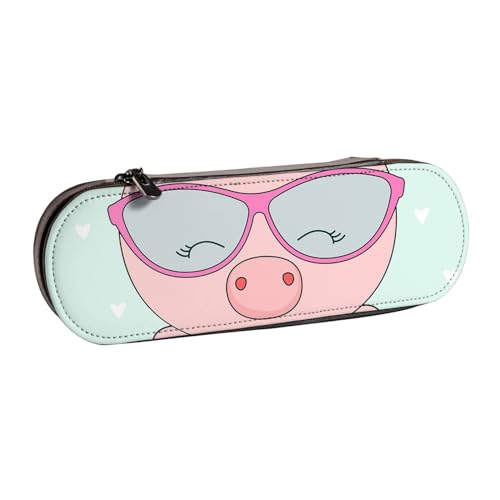 MIJKO Little Pig trägt eine rosa Sonnenbrille, Federmäppchen, PU-Leder, Federmäppchen, großes Fassungsvermögen, Kosmetiktasche von MIJKO