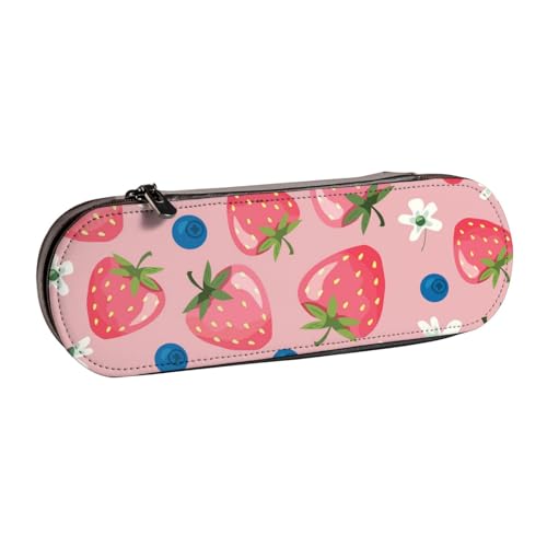 MIJKO Schöne rosa Erdbeere, Federmäppchen, PU-Leder, Federmäppchen, großes Fassungsvermögen, Kosmetiktasche von MIJKO