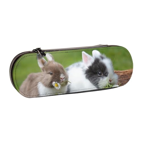 MIJKO Zwei kleine süße Kaninchen, Federmäppchen, PU-Leder, Federmäppchen, großes Fassungsvermögen, Kosmetiktasche von MIJKO