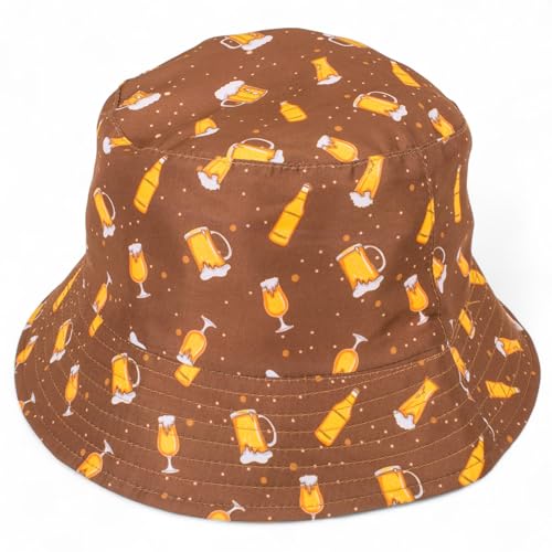 MIJOMA Anglerhut Bier Motiv – Fischerhut mit Biergläsern & Bierflaschen – Unisex Sommerhut – Festival Hut – Bucket Hat Herren Damen – Einheitsgröße – Braun – 100% Polyester von MIJOMA