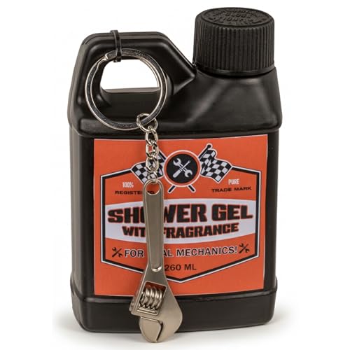 MIJOMA Duschgel im Motoröl-Kanister 260 ml mit Werkzeug-Schlüsselanhänger, Frischer Duft für Männer Fun-Duschgel für Schrauber Mechaniker Auto-Fans Werkzeug-Look von MIJOMA