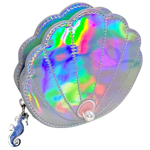 MIJOMA Geldbörse Muschelform – Holographisches Kunstleder, Reißverschluss mit Seepferdchen-Anhänger, 12x11x3 cm – Damen Mini-Tasche mit Perlenapplikation von MIJOMA