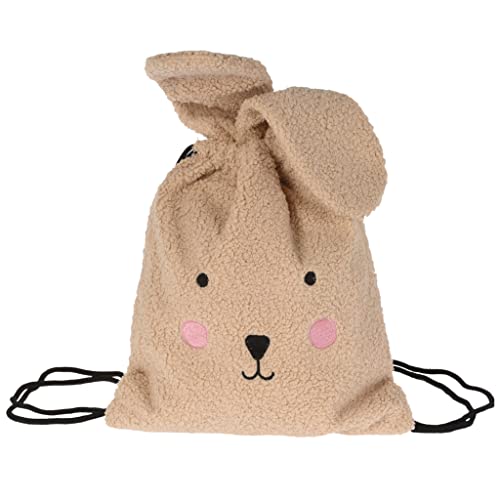 MIJOMA Kuschelige Plüschtasche aus weichem Teddyfleece mit aufgesticktem Gesicht und angenähten Ohren (Hase Beige, Turnbeutel 36x30cm) von MIJOMA