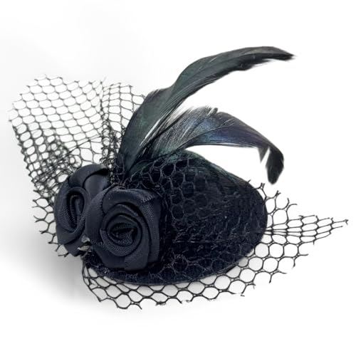 MIJOMA Mini-Fascinator – Eleganter Haarclip mit Feder, Tüll & Rosen – Vintage Haarschmuck für Damen – Gothic, Retro & Burlesque Stil von MIJOMA