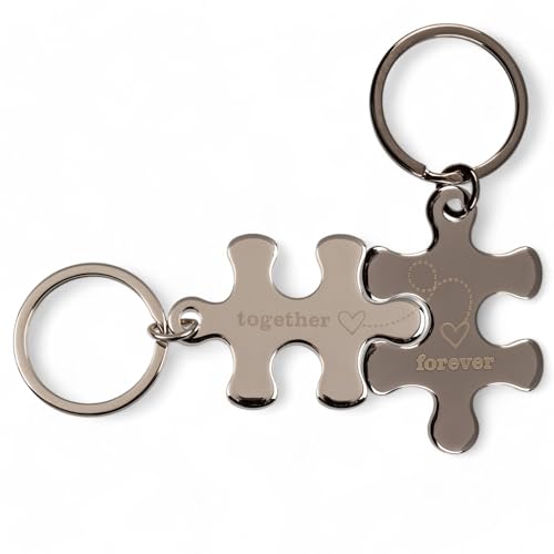 MIJOMA Partner Schlüsselanhänger mit Gravur - Together Forever - Puzzle-Schlüsselanhänger im 2er Set - Edelstahl Schlüsselring, Silber & Anthrazit, 8x3.5 cm von MIJOMA