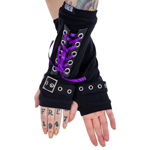 MIJOMA Poizen Industries 1 Paar Armstulpen Gothic Punk Navya Armwarmers one size Einheitsgröße unisex (Schwarz-Lila) von MIJOMA