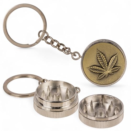 MIJOMA Schlüsselanhänger mit versteckter Mühle – Metall-Grinder Anhänger mit Magnetverschluss – kompakt & stylisch – für unterwegs & Festivals (Urban Leaf – Gold) von MIJOMA