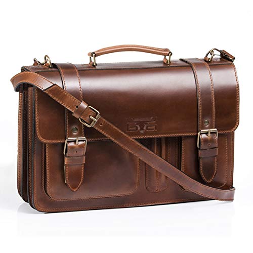 MIKA 28056302 - Aktentasche Steward aus Echt Leder/Sattelleder, Schultertasche mit 3 Hauptfächer und 2 Fronttaschen, Umhängetasche für Damen und Herren, Ledertasche in braun, ca. 43 x 17 x 29 cm von MIKA