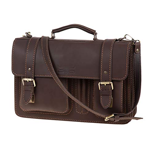 MIKA 28056322 - Aktentasche Steward aus Echt Leder/Sattelleder, Schultertasche mit 3 Hauptfächer und 2 Fronttaschen, Umhängetasche für Damen und Herren, Tasche in Dunkelbraun, ca. 43 x 17 x 29 cm von MIKA