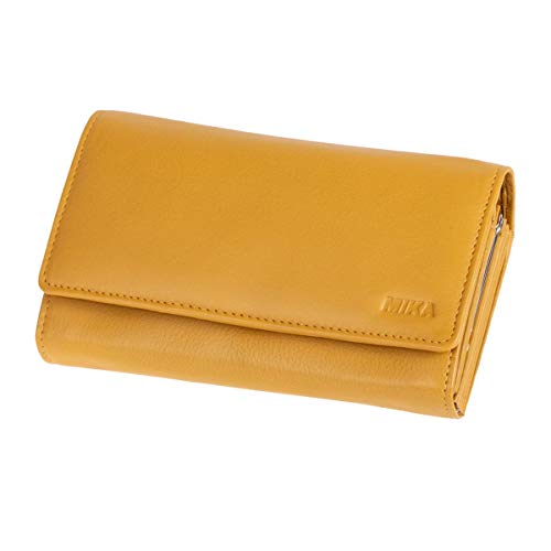 MIKA 42164 - Damengeldbörse aus Echt Leder, Portemonnaie im Querformat, Geldbeutel mit 6 Kartenfächer, 4 große Fächer als Scheinfächer und doppeltes Münzfach, Brieftasche gelb, ca. 17 x 10 x 4,5 cm von MIKA