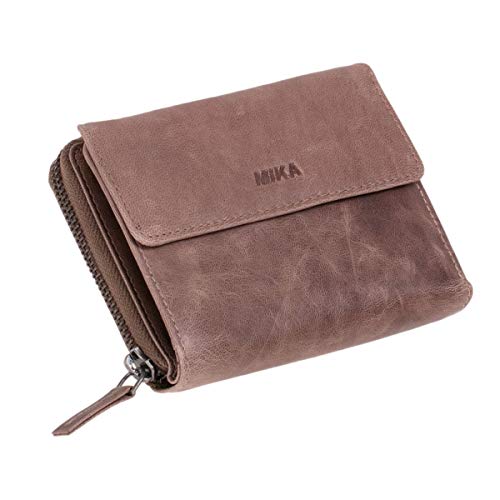 MIKA 42170 - Damengeldbörse aus Echt Leder, Portemonnaie im Hochformat, Geldbeutel mit 9 Kartenfächer, 5 Einsteckfächer, Scheinfach und 2 Münzfächer, Brieftasche in grau braun, ca. 13 x 10 x 2,5 cm von MIKA