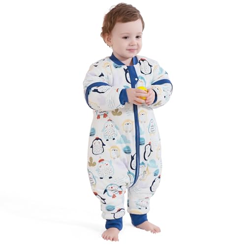 MIKAFEN Baby Schlafsack Langarm mit füßen 3,5 tog Winter, Kinder winterschlafsack mit Beinen,Blauer Pinguin babyhöhe 95-105cm von MIKAFEN