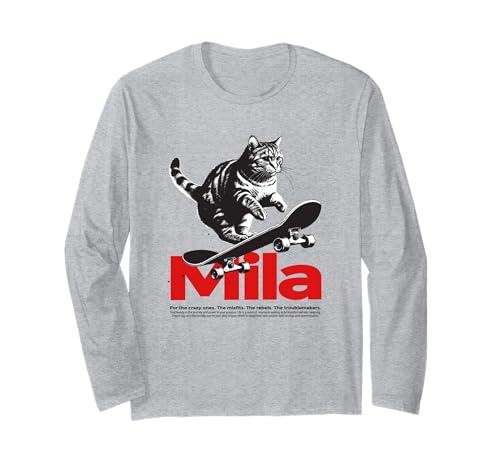 MILA - Schöner Mädchen Name mit Katze & Skateboard Langarmshirt von MILA Tochter Enkel Geburtstag Geschenkideen