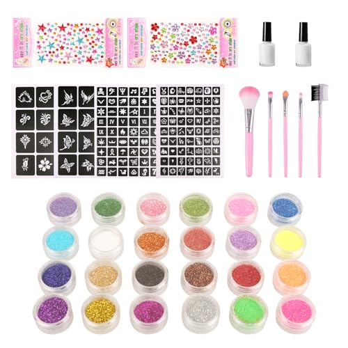 Glitzer Tattoo Set Kinder,24 Farben DIY Temporäre Glitzertattoos für Mädchen Jungen mit 215 Strasssteine 142 Schablonen 3 Kleber 5 Pinsel für Partys. von MILAIUN