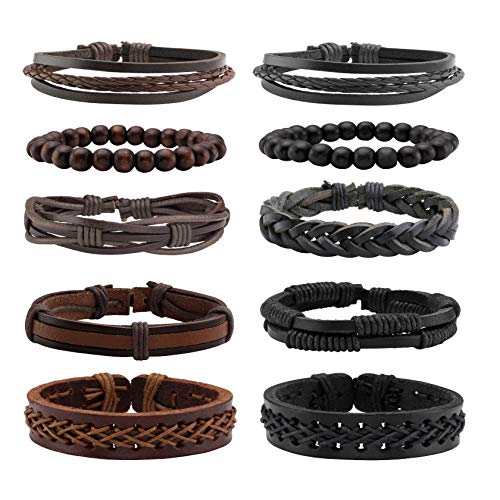 MILAKOO 10 Stück geflochtenes Lederarmband für Männer Frauen Holzperlen Armbänder Wickeln einstellbar von MILAKOO
