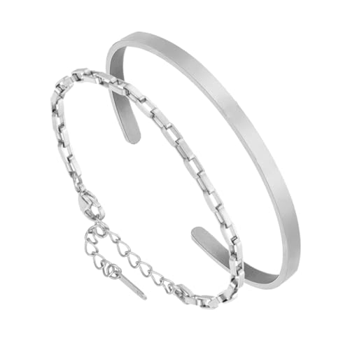 MILAKOO 2 Stück Cuff & Chain Bracelet Set Cool Manner Edelstahl Silber Open Bangle Stackable Paperclip Link Chains von MILAKOO