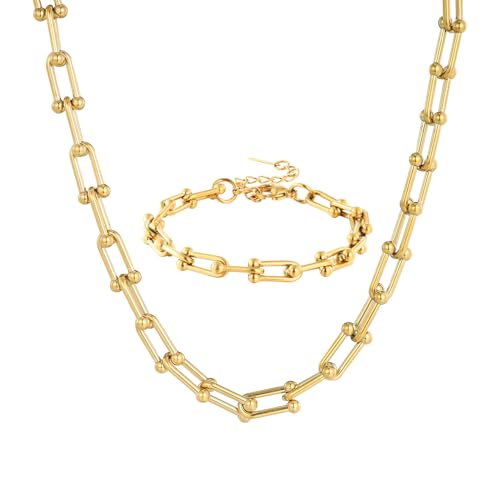 MILAKOO 2 Stück Edelstahl Armband und Halskette Damen Edelstahl Gliederkette Armbänder Hufeisen Ketten Set Gold von MILAKOO