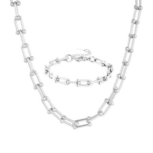 MILAKOO 2 Stück Edelstahl Armband und Halskette Damen Edelstahl Gliederkette Armbänder Hufeisen Ketten Set Silber von MILAKOO