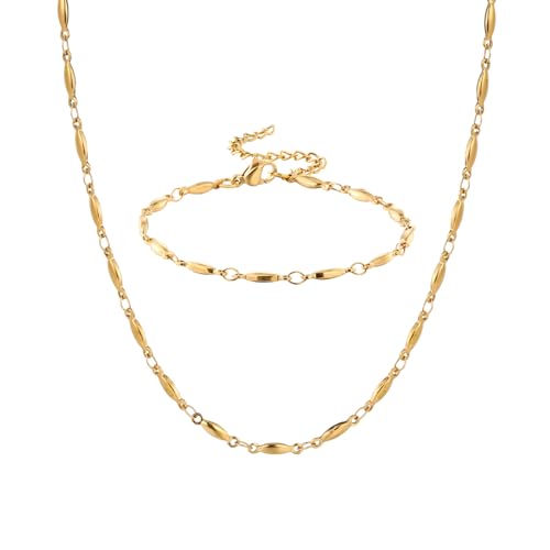 MILAKOO 2 Stück Edelstahl Armband und Halskette Damen Edelstahl Gliederkette Armbänder Quadratische Olivenkette Set Gold von MILAKOO