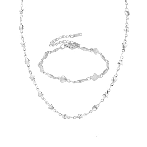 MILAKOO 2 Stück Edelstahl Armband und Halskette Damen Edelstahl Herz Sternförmig Set Armbänder Ketten Set mit Geschenkbox Silber von MILAKOO