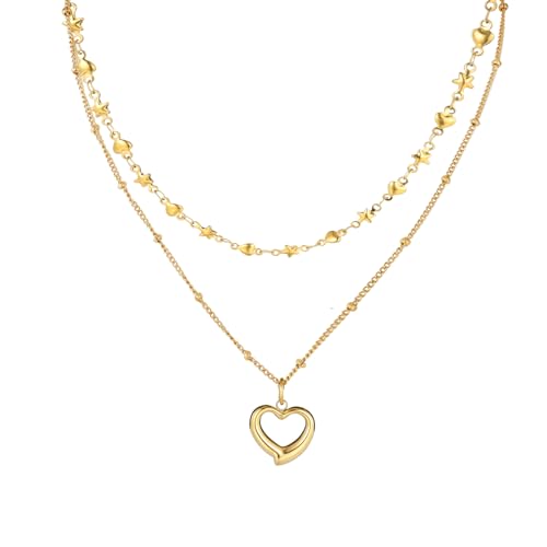 MILAKOO 2 Stück Gold Schichtung Anhänger Halskette für Frauen Hallow Herz mit Kugel Perlen Kette Mond & Stern Link Halskette von MILAKOO