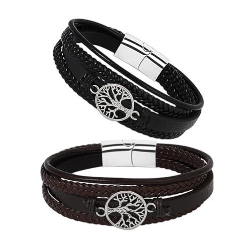 MILAKOO 2 Stück Herren Armband PU Lerder Armreif Schwarz Braun Lebensbaum Mehrschichtig Geflochten mit Magnetverschluss Geschenk für Papa Sohn von MILAKOO
