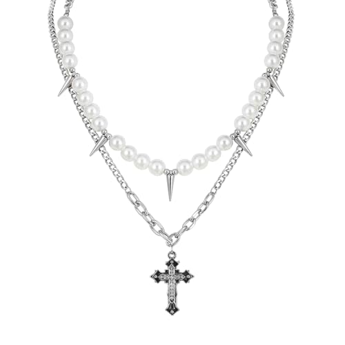 MILAKOO 2PCS Cross Layered Pearl Halskette Chunky Stacked Halsketten Y2K Gothic Retro Layered Anhänger Kette Faux Pearl Choker für Frauen von MILAKOO