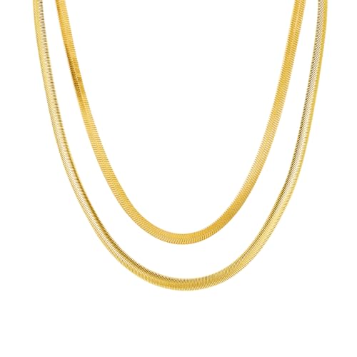MILAKOO 2PCS Edelstahl Halskette Set Damen Herren Schlangenkette Fischgrätenmuster Ketten Cuban Chain Choker für Männer Frauen Gold von MILAKOO