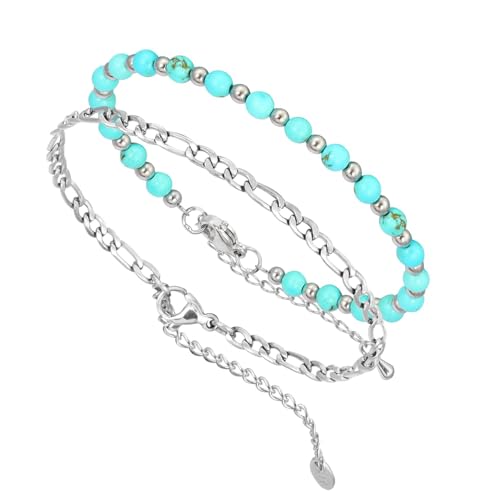 MILAKOO 2Pcs Perlen Armbänder für Frauen Bohemian Handmade Minimalist Jewerly Geschenke Silber Figaro Kette Link Armband von MILAKOO