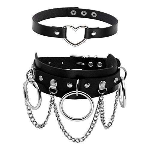 MILAKOO 2Pcs Vintage Gothic Kragen Nieten Lederhalsband Punk Choker O-Ring Herz Kette einstellbar von MILAKOO