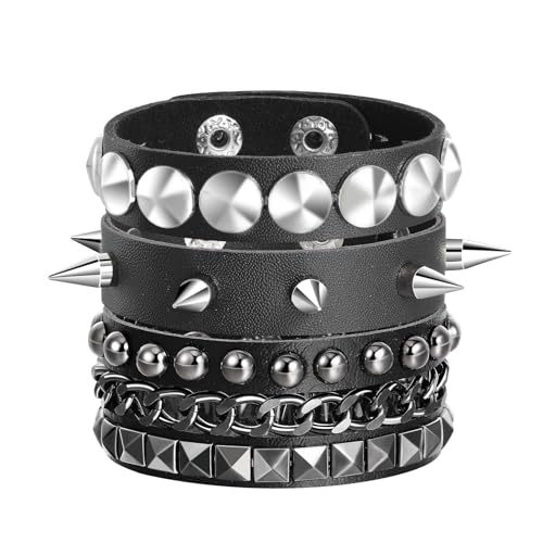 MILAKOO 3 Stk. schwarzes Leder Punk Rock Armband Herren verstellbarem Nietenarmband Damen von MILAKOO