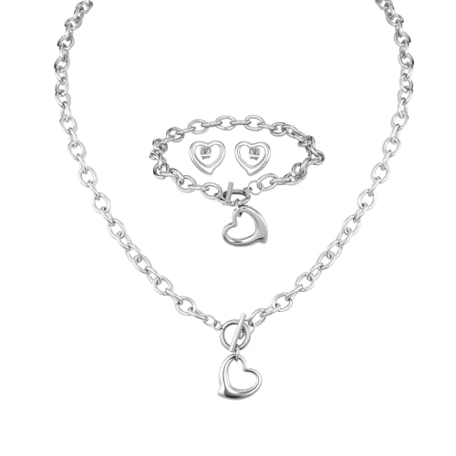 MILAKOO 3 Stück Edelstahl Armband und Halskette Ohrringe Damen Edelstahl Herz Gliederkette Armbänder Ohrschmuck Set mit Geschenkbox von MILAKOO