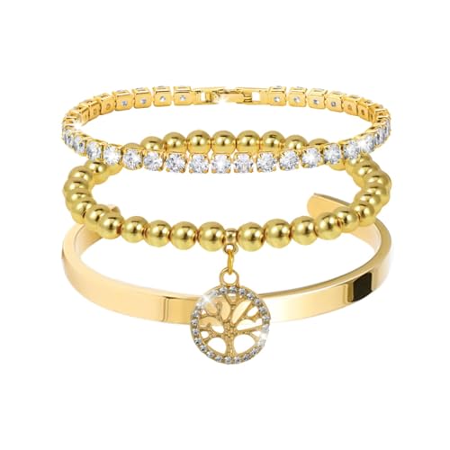 MILAKOO 3 Stück Gold Manschette Armreif für Frauen Stack Tennis Armband Set Baum des Lebens Anhänger Charms Valentinstag von MILAKOO
