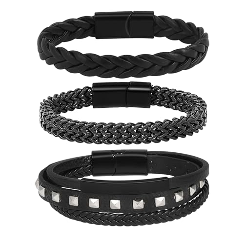 MILAKOO 3 Stück Männer Manschette Armbänder Geflochtenes Leder Armband Kette aus Edelstahl Multi-Layer Armreif Persönlichkeit Armbänder für Party von MILAKOO