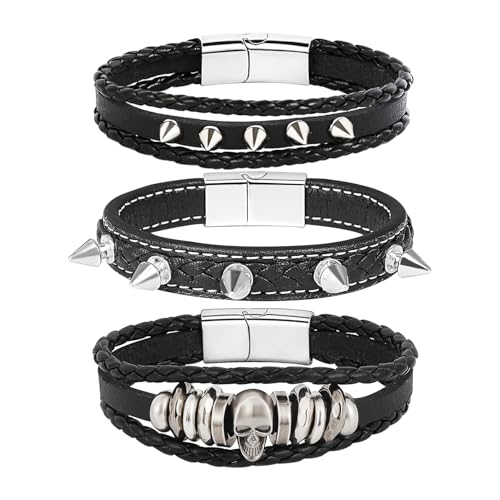 MILAKOO 3 Stück Männer Manschette Armbänder Geflochtenes Leder Armband Niete Schädel Armreif Persönlichkeit Armbänder für Party Business von MILAKOO