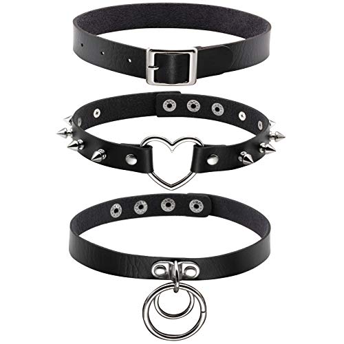 MILAKOO 3 Stück PU Leder Punk Rock Gothic Emo O-Ring Spike Nieten Chokerkragen Halskette verstellbar von MILAKOO