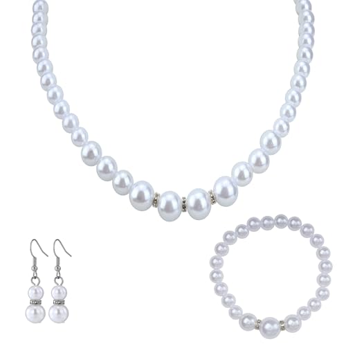 MILAKOO 3 Stück Perlen Halskette Armbänder Ohrringe Sets Damen Hochzeit Party Schmuck Geschenk Set Faux Perlen Schmuckset Weiß von MILAKOO