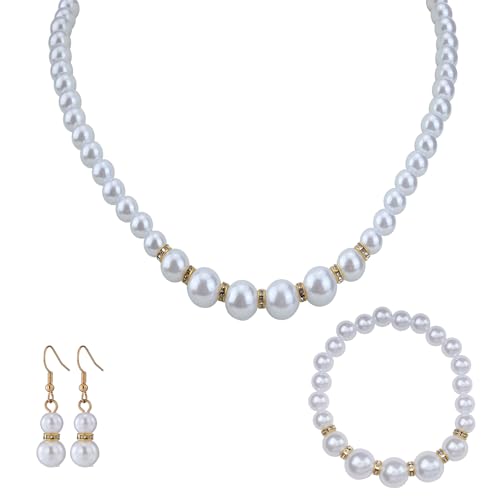 MILAKOO 3 Stück Perlen Halskette Armbänder Ohrringe Sets Damen Hochzeit Party Schmuck Geschenk Set Faux Perlen Schmuckset Weiß von MILAKOO